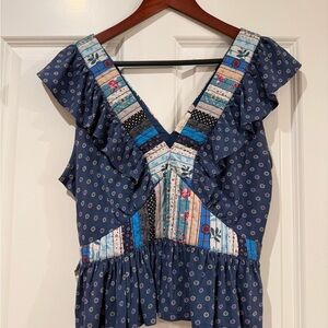 Anthropologie Blue Patchwork Ruffle Blouse